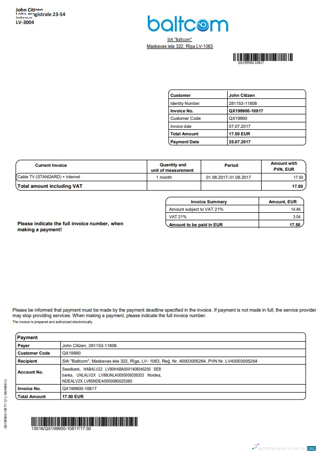 Latvia Baltcom telecommunications utility bill template in Word and PDF format (English version)